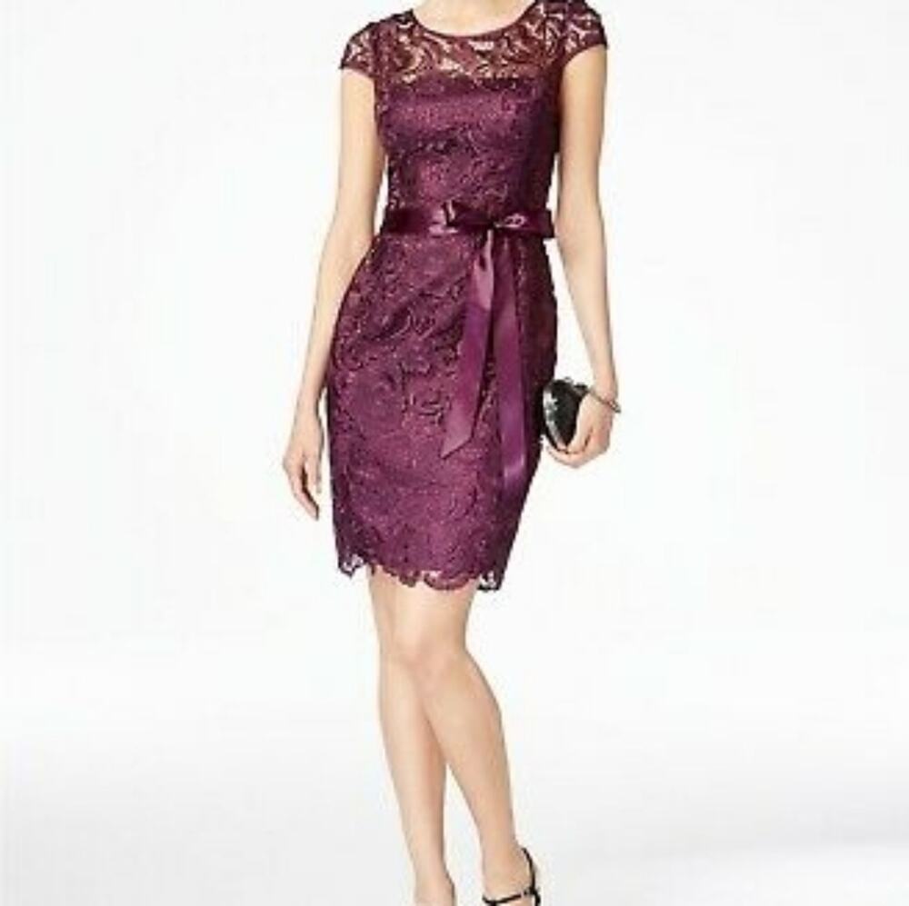 Lace Sheath Dress Sheer 3/4 Sleeves Satin Trim